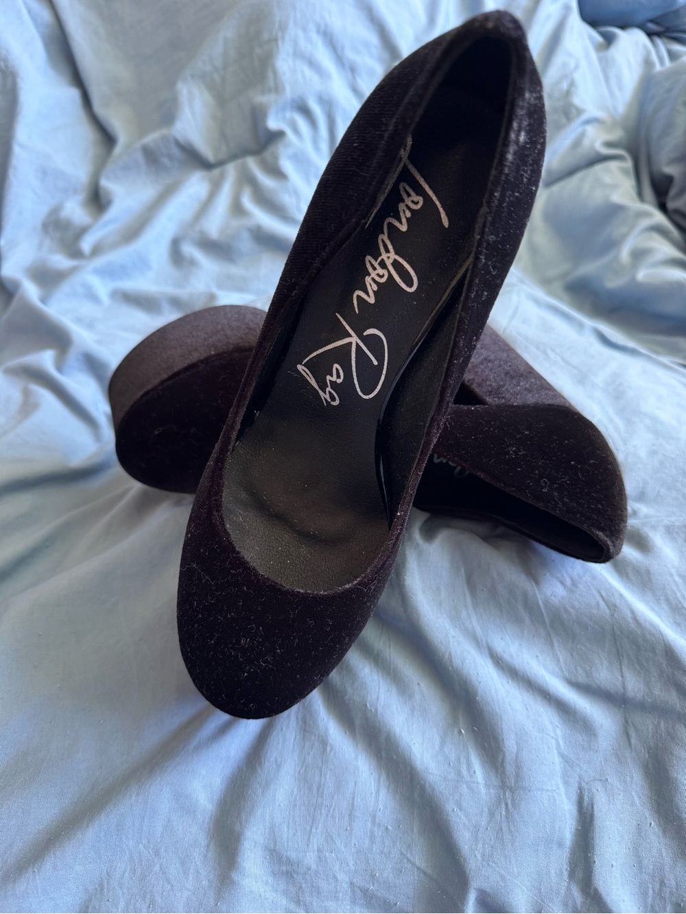 London Rag Black Velvet Platform Pumps with Block Heel